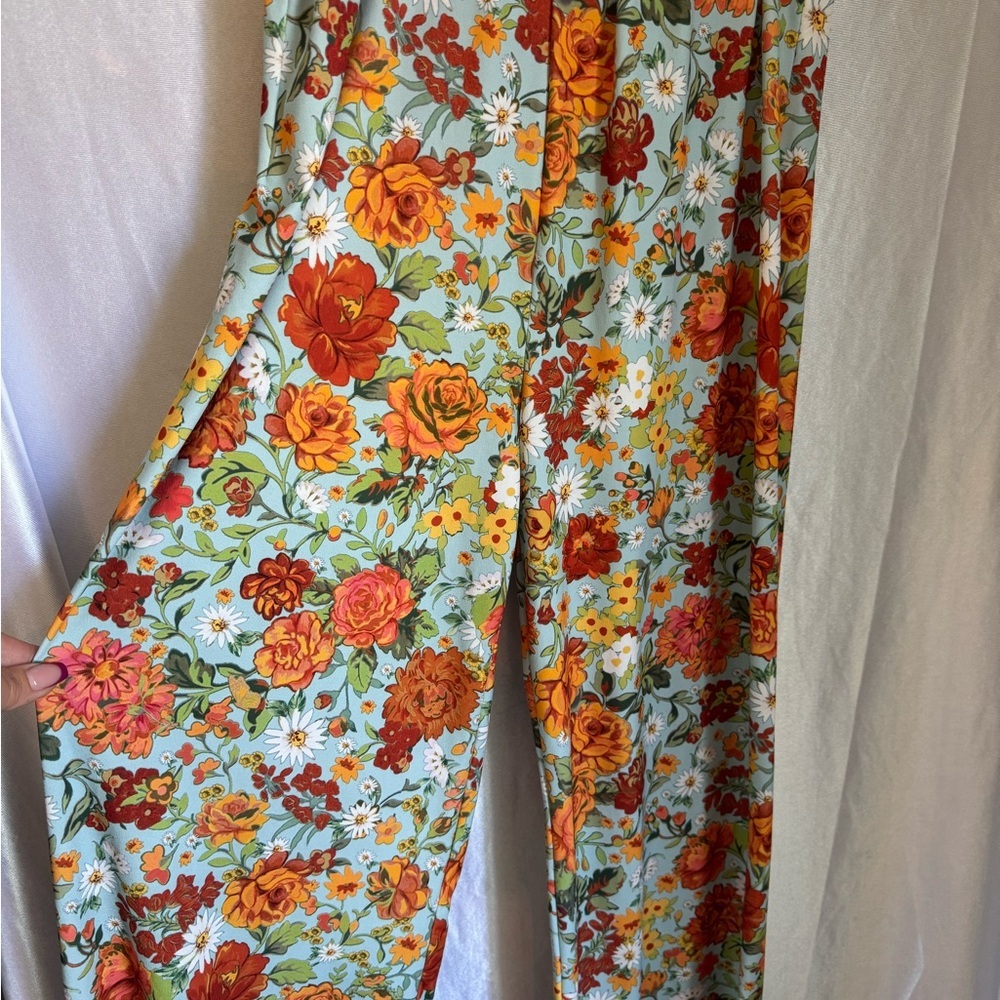 Zara Floral Wide Leg Pants - Blue, Orange and Green